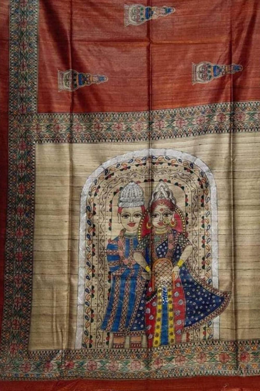 Elegant Brown Madhubani Hand Painted Silk Saree - Luxurion World
