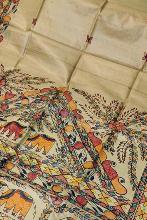 Pastel Hand Painted Madhubani Pure Desi Tussar Silk Saree - Luxurion World