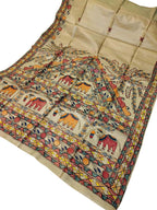 Pastel Hand Painted Madhubani Pure Desi Tussar Silk Saree - Luxurion World