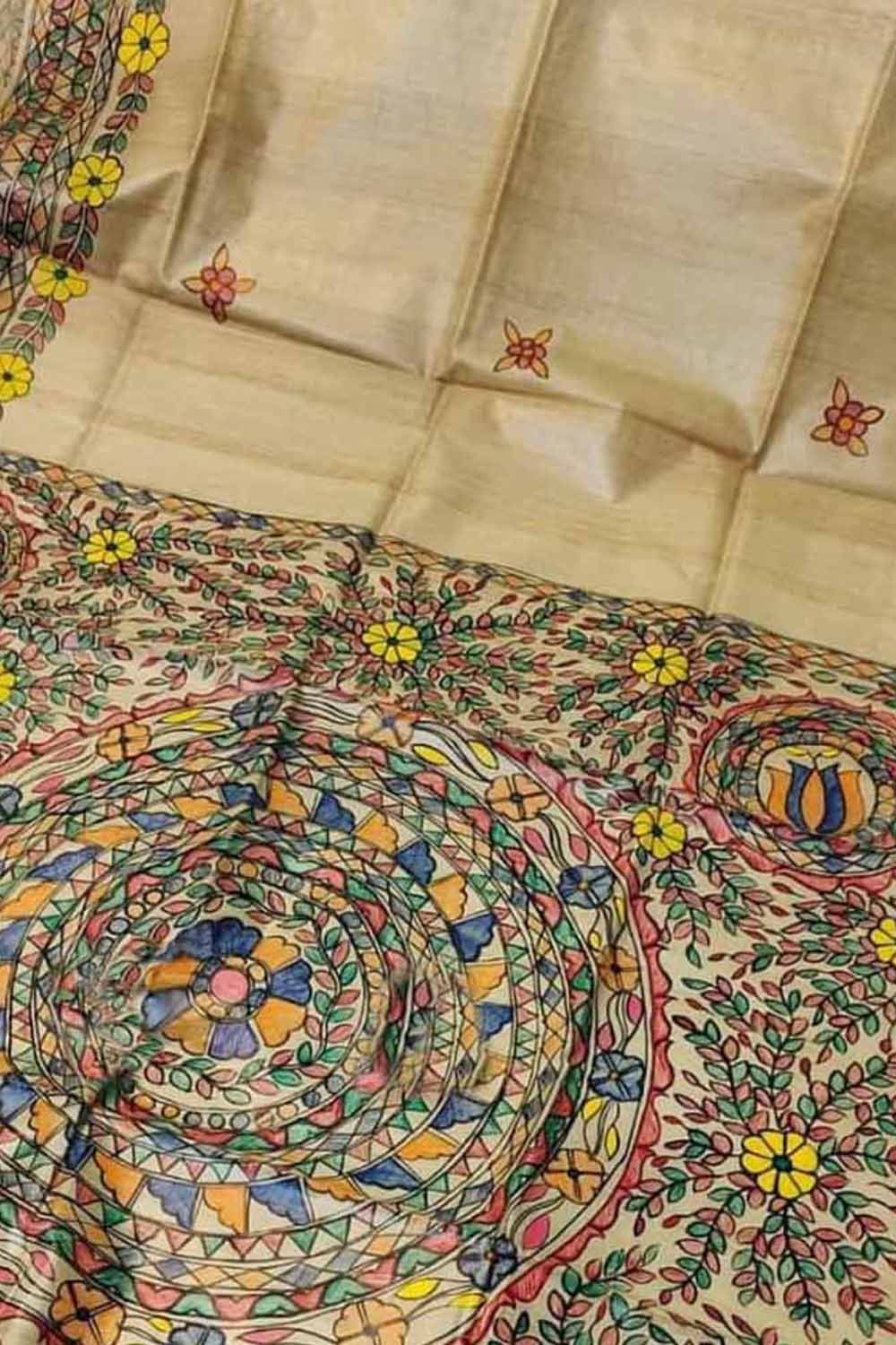 Pastel Hand Painted Madhubani Pure Desi Tussar Silk Saree - Luxurion World