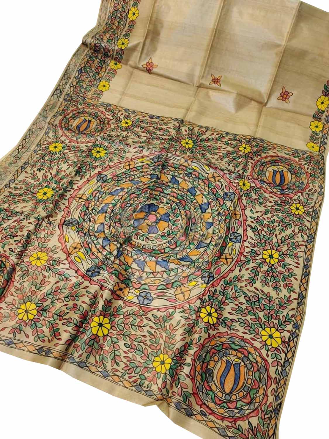 Pastel Hand Painted Madhubani Pure Desi Tussar Silk Saree - Luxurion World