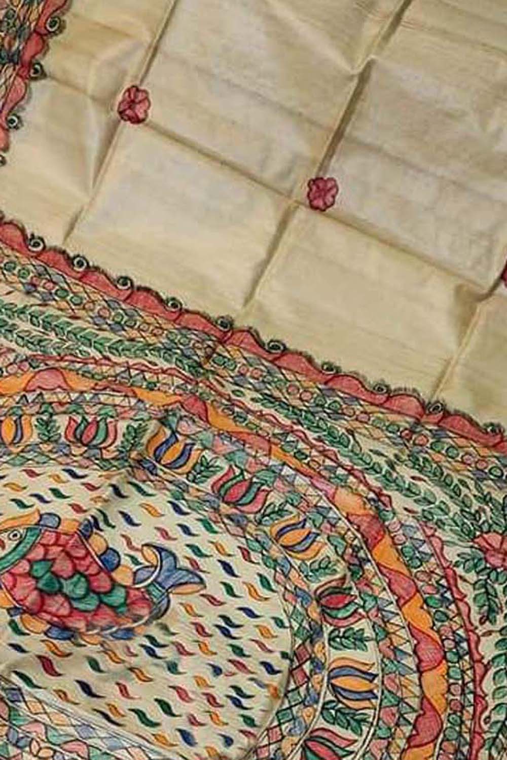 Pastel Hand Painted Madhubani Pure Desi Tussar Silk Saree - Luxurion World