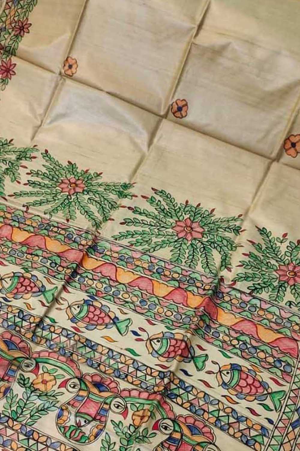 Pastel Hand Painted Madhubani Pure Desi Tussar Silk Saree - Luxurion World