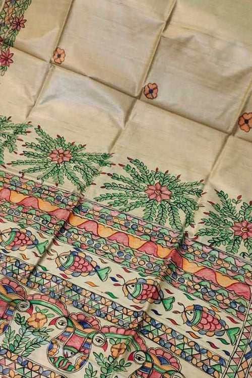 Pastel Hand Painted Madhubani Pure Desi Tussar Silk Saree - Luxurion World