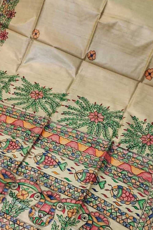 Pastel Hand Painted Madhubani Pure Desi Tussar Silk Saree - Luxurion World