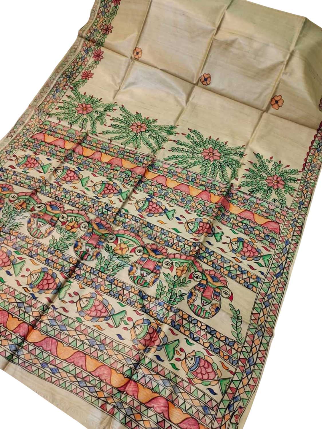 Pastel Hand Painted Madhubani Pure Desi Tussar Silk Saree - Luxurion World