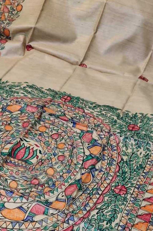 Pastel Hand Painted Madhubani Pure Desi Tussar Silk Saree - Luxurion World