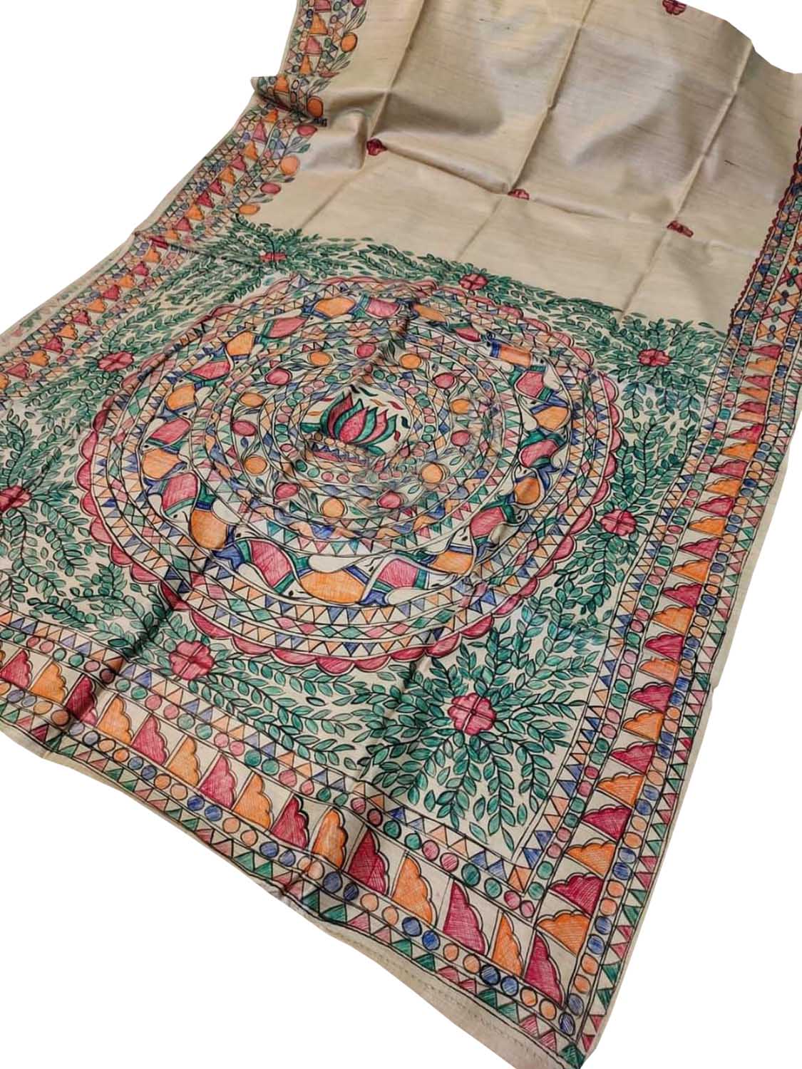Pastel Hand Painted Madhubani Pure Desi Tussar Silk Saree - Luxurion World