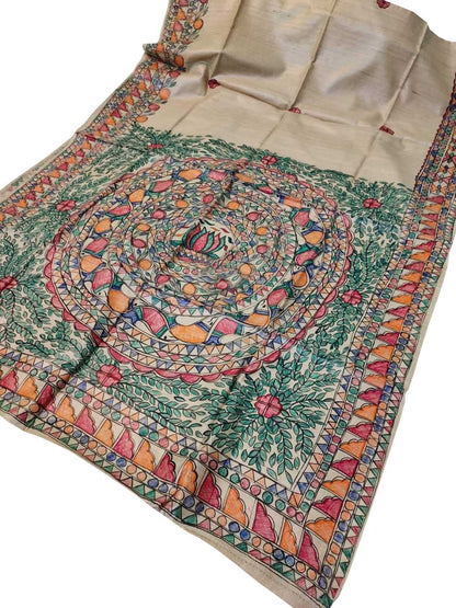 Pastel Hand Painted Madhubani Pure Desi Tussar Silk Saree - Luxurion World