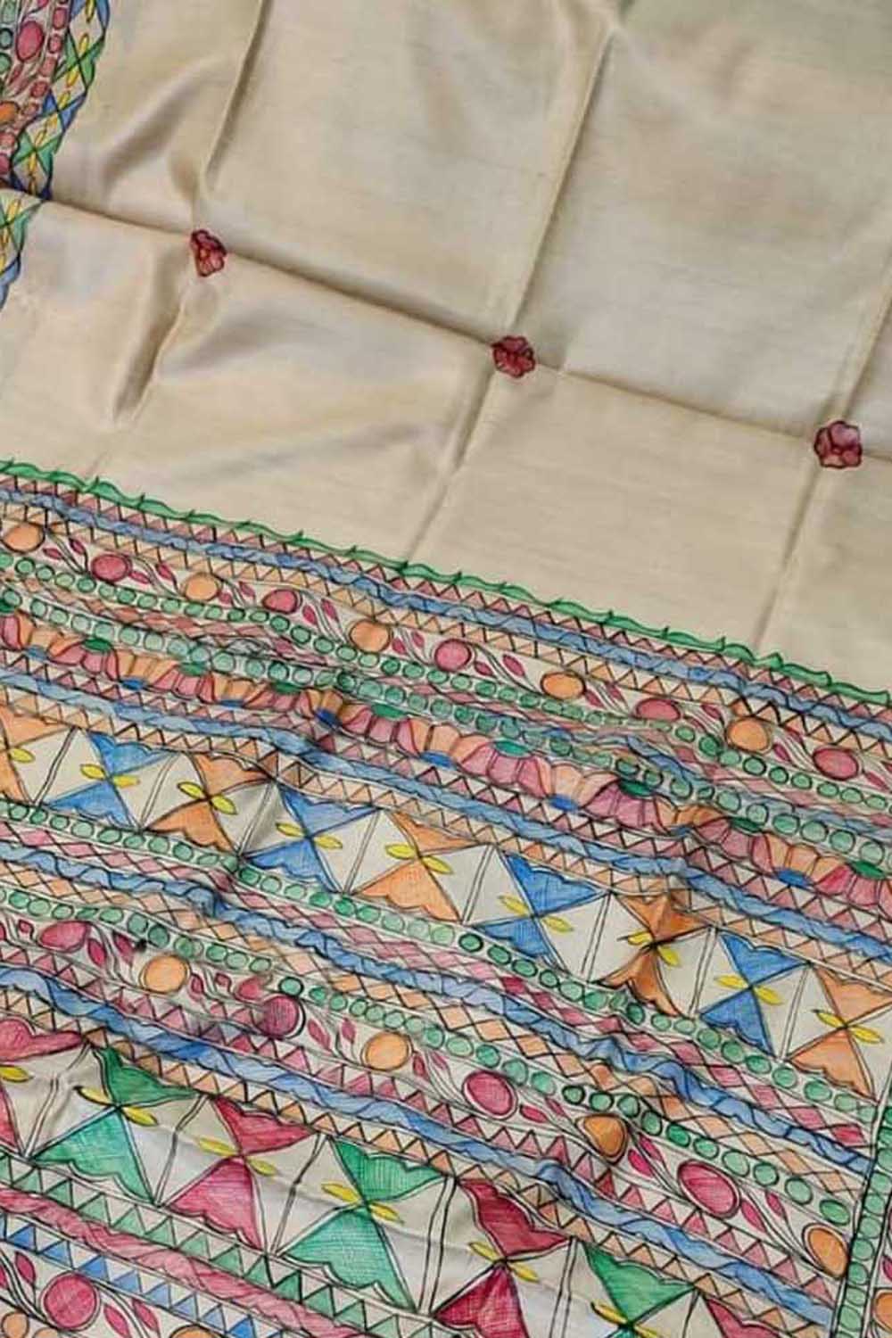 Pastel Hand Painted Madhubani Pure Desi Tussar Silk Saree - Luxurion World