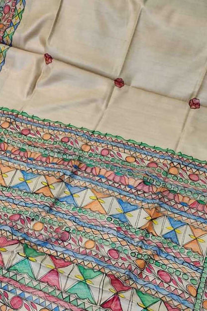 Pastel Hand Painted Madhubani Pure Desi Tussar Silk Saree - Luxurion World