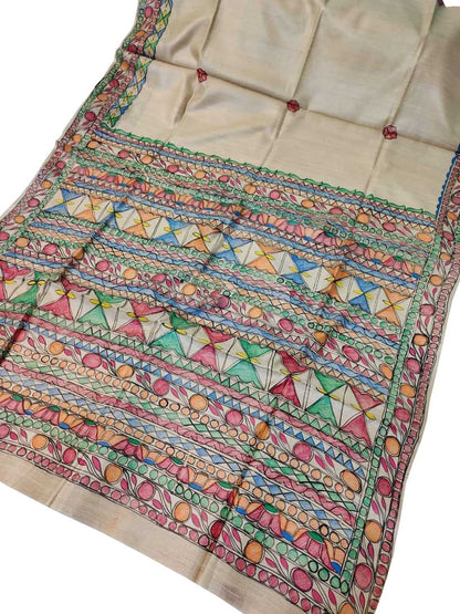 Pastel Hand Painted Madhubani Pure Desi Tussar Silk Saree - Luxurion World
