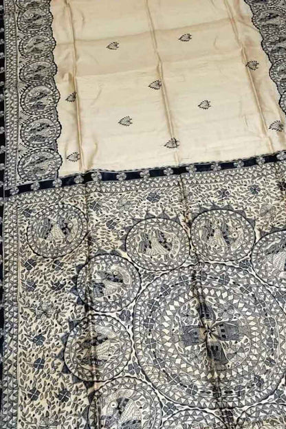 Pastel Hand Painted Madhubani Pure Desi Tussar Silk Saree - Luxurion World