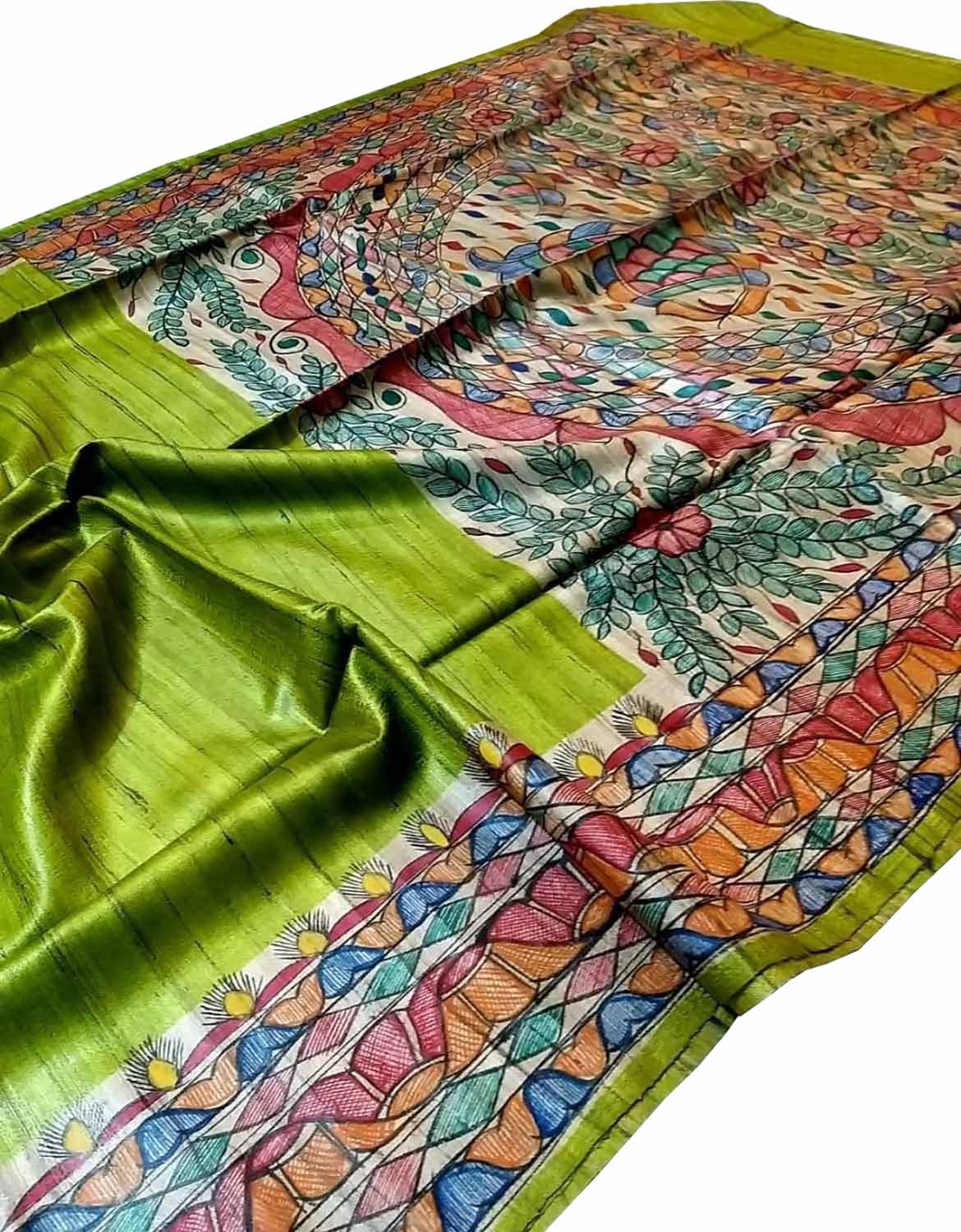 Hand Painted Madhubani Silk Saree - Green Ghicha Tussar - Luxurion World