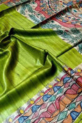 Hand Painted Madhubani Silk Saree - Green Ghicha Tussar - Luxurion World