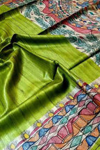 Hand Painted Madhubani Silk Saree - Green Ghicha Tussar - Luxurion World