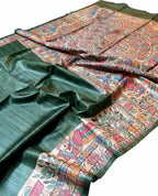 Hand Painted Madhubani Silk Saree - Green Ghicha Tussar - Luxurion World