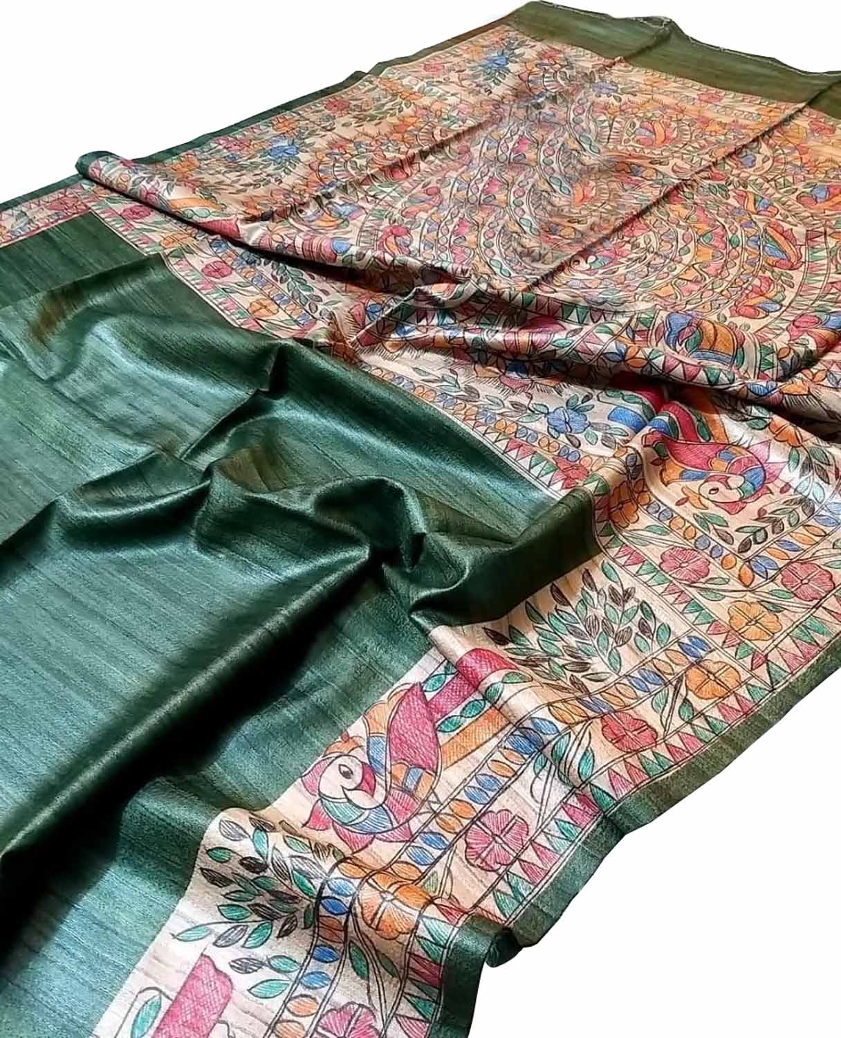 Hand Painted Madhubani Silk Saree - Green Ghicha Tussar - Luxurion World