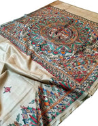 Pastel Hand Painted Madhubani Tussar Silk Saree - Luxurion World