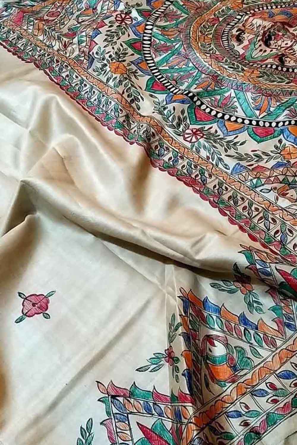 Pastel Hand Painted Madhubani Tussar Silk Saree - Luxurion World