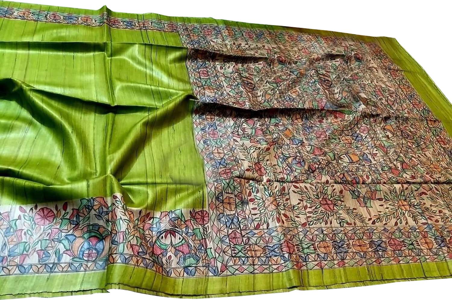 Hand Painted Madhubani Tussar Silk Saree - Luxurion World