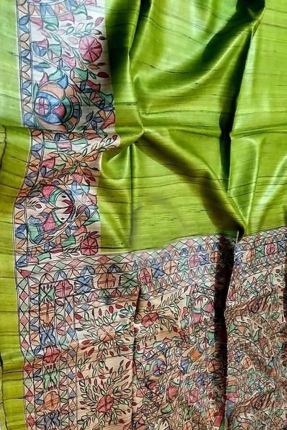 Hand Painted Madhubani Tussar Silk Saree - Luxurion World