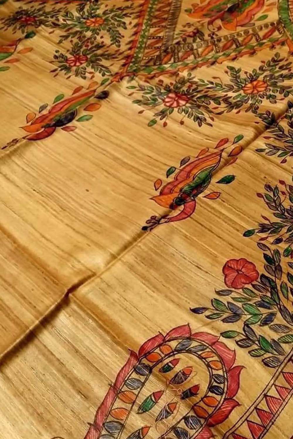 Pastel Hand Painted Madhubani Tussar Silk Saree - Luxurion World