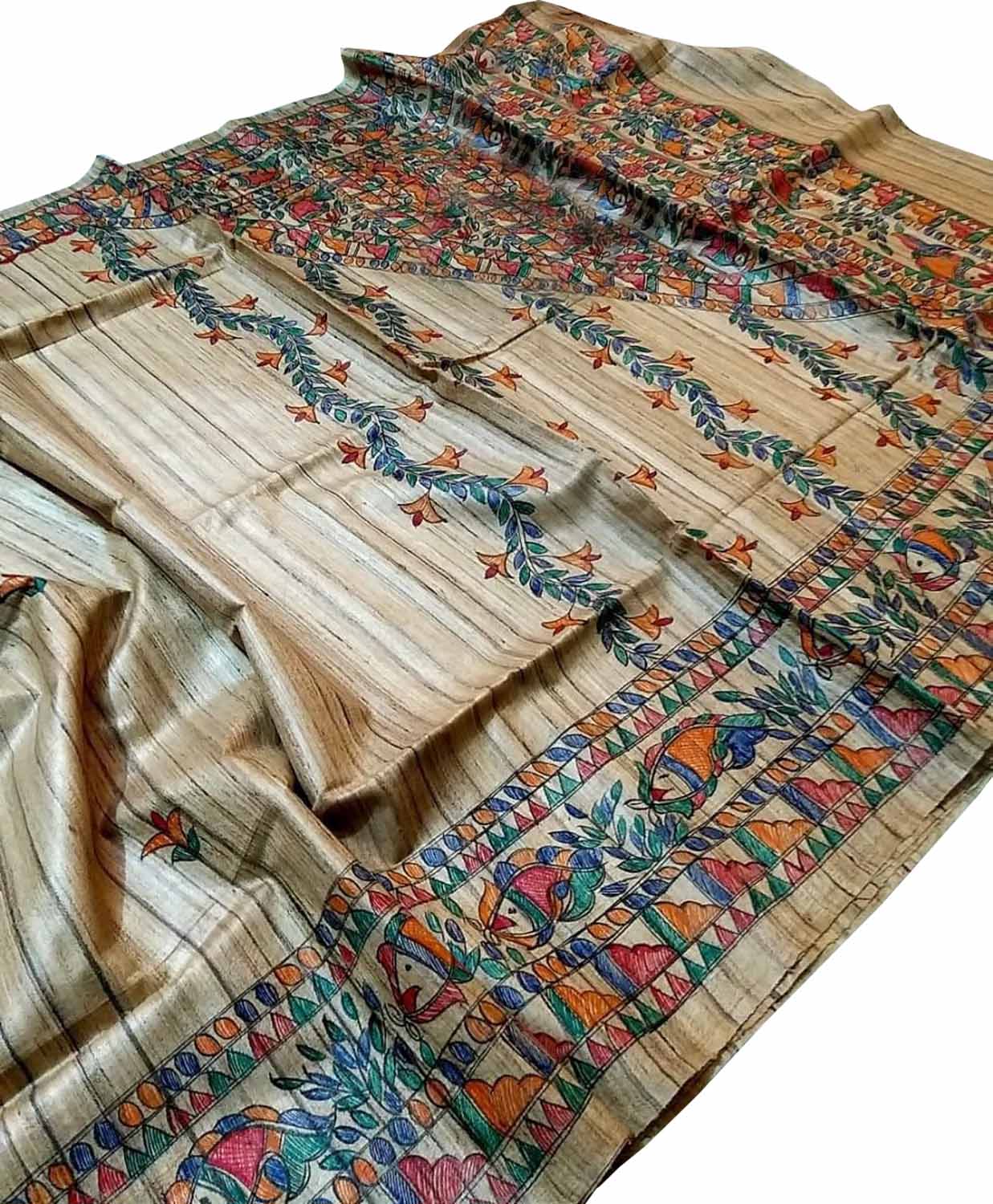 Pastel Hand Painted Madhubani Tussar Silk Saree - Luxurion World