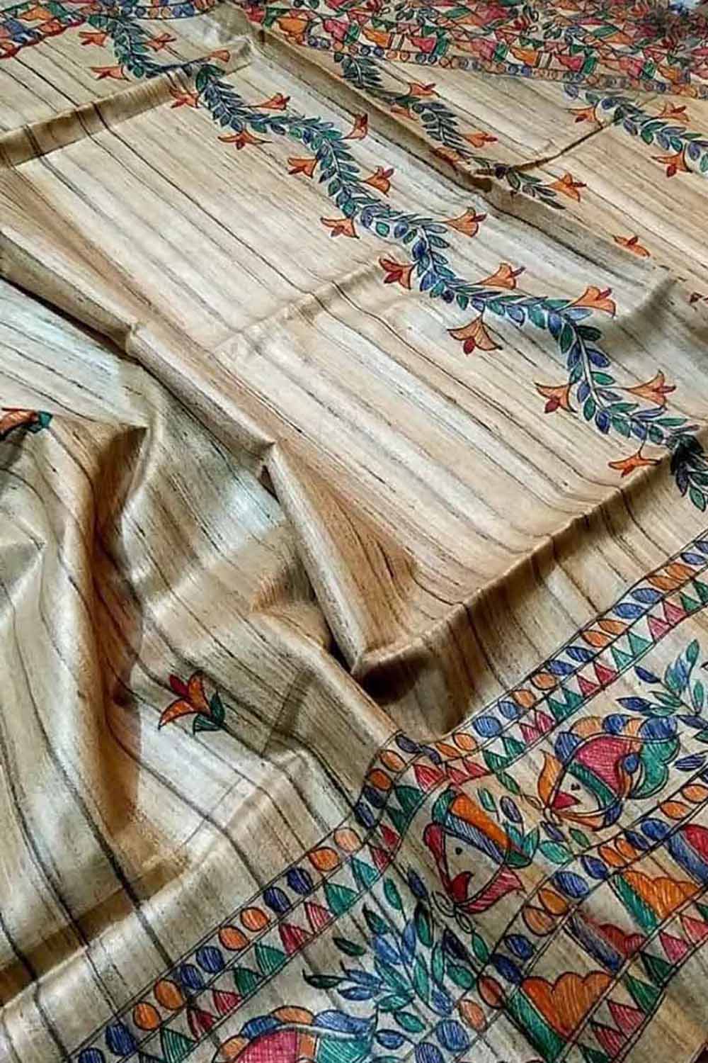 Pastel Hand Painted Madhubani Tussar Silk Saree - Luxurion World