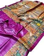 Hand Painted Madhubani Tussar Silk Saree in Pink - Luxurion World