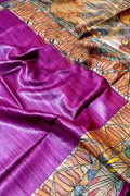 Hand Painted Madhubani Tussar Silk Saree in Pink - Luxurion World