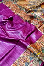 Hand Painted Madhubani Tussar Silk Saree in Pink - Luxurion World