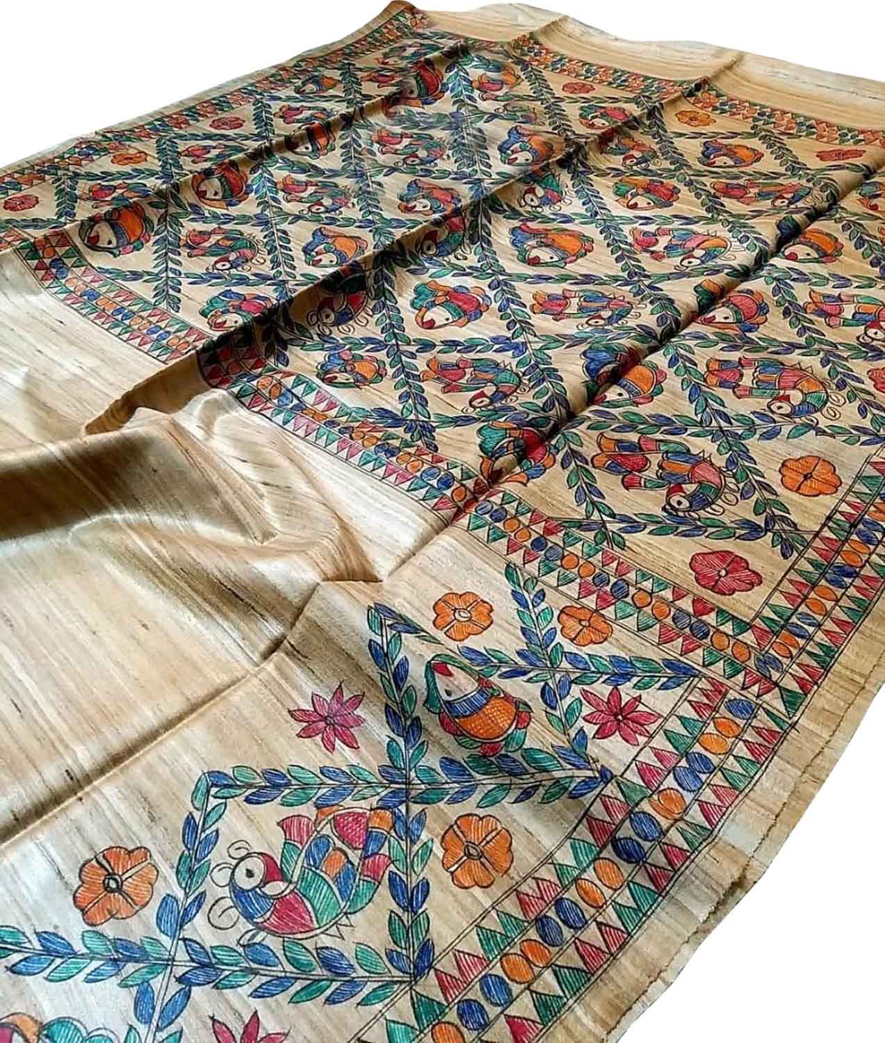 Pastel Madhubani Tussar Silk Saree Hand Painted - Luxurion World