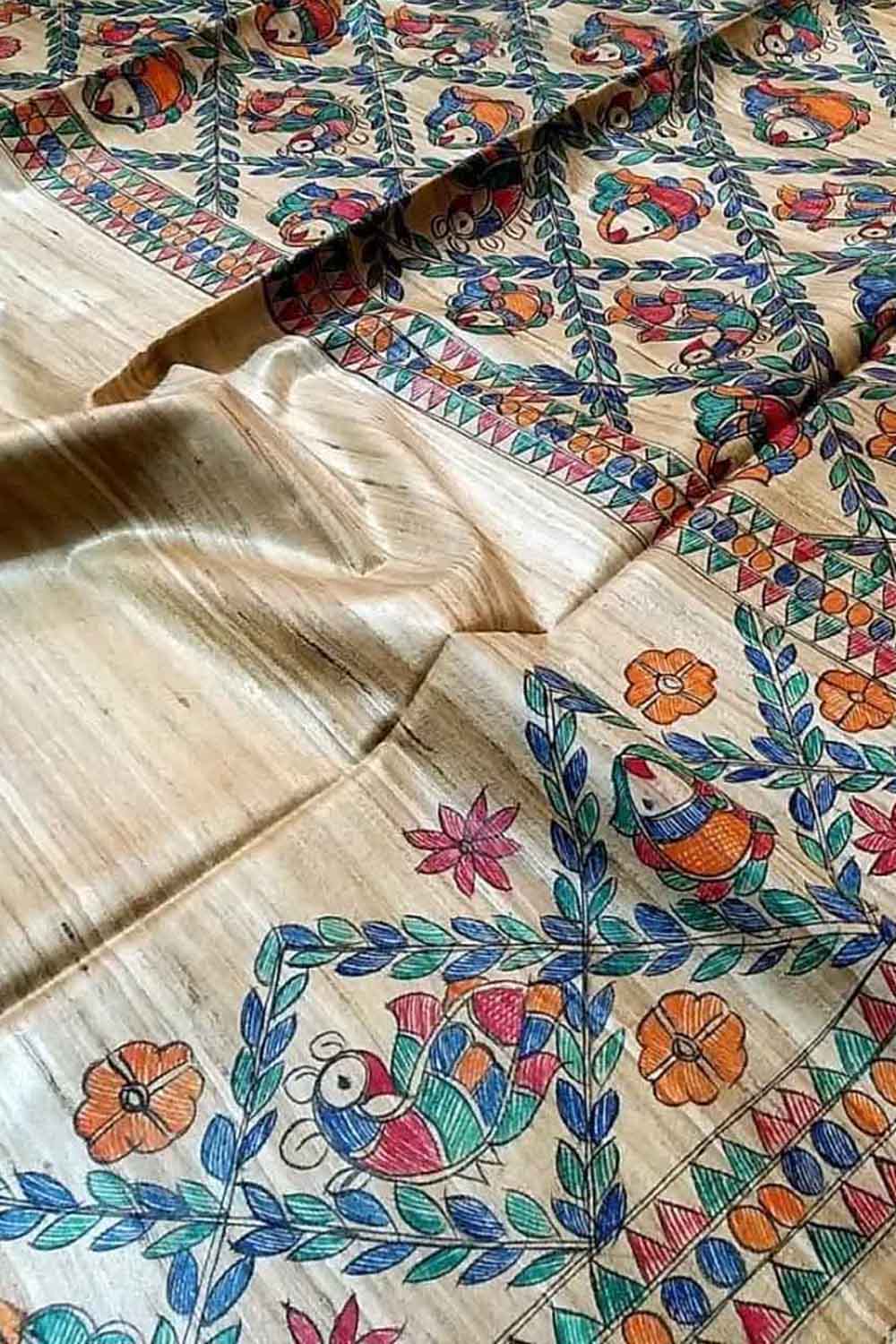 Pastel Madhubani Tussar Silk Saree Hand Painted - Luxurion World
