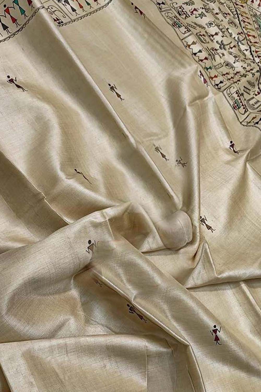 Pastel Madhubani Hand Painted Tussar Silk Saree - Luxurion World