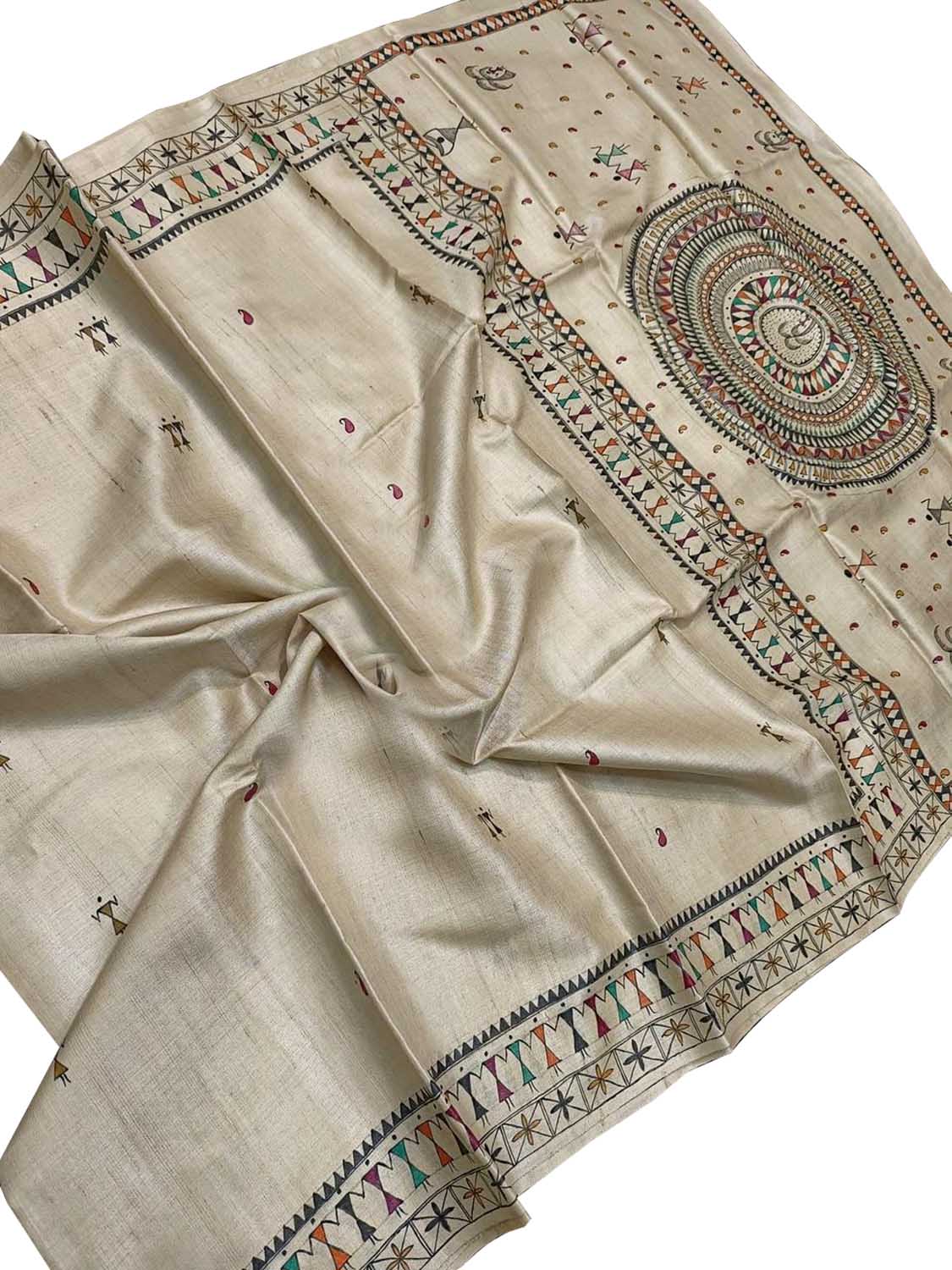 Pastel Madhubani Hand Painted Tussar Silk Saree - Luxurion World