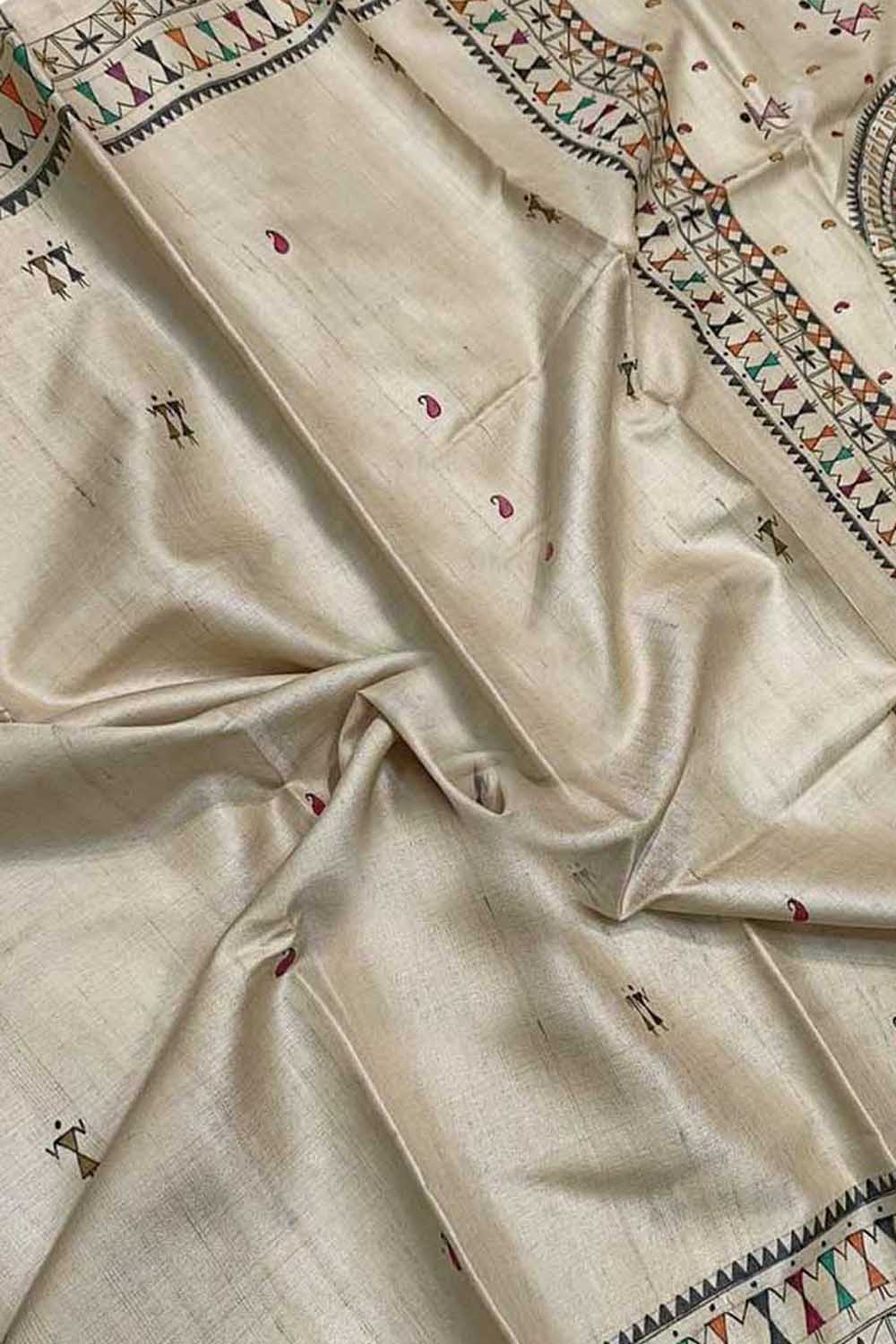 Pastel Madhubani Hand Painted Tussar Silk Saree - Luxurion World