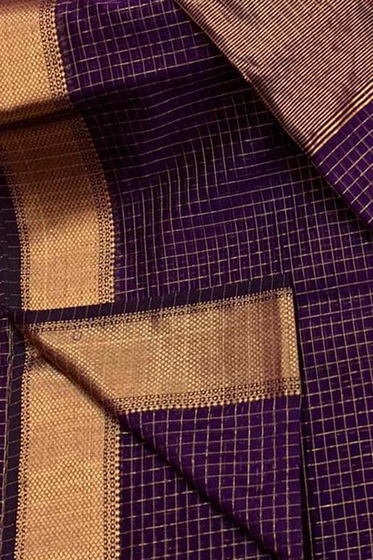 Stylish Purple Checks Cotton Silk Saree