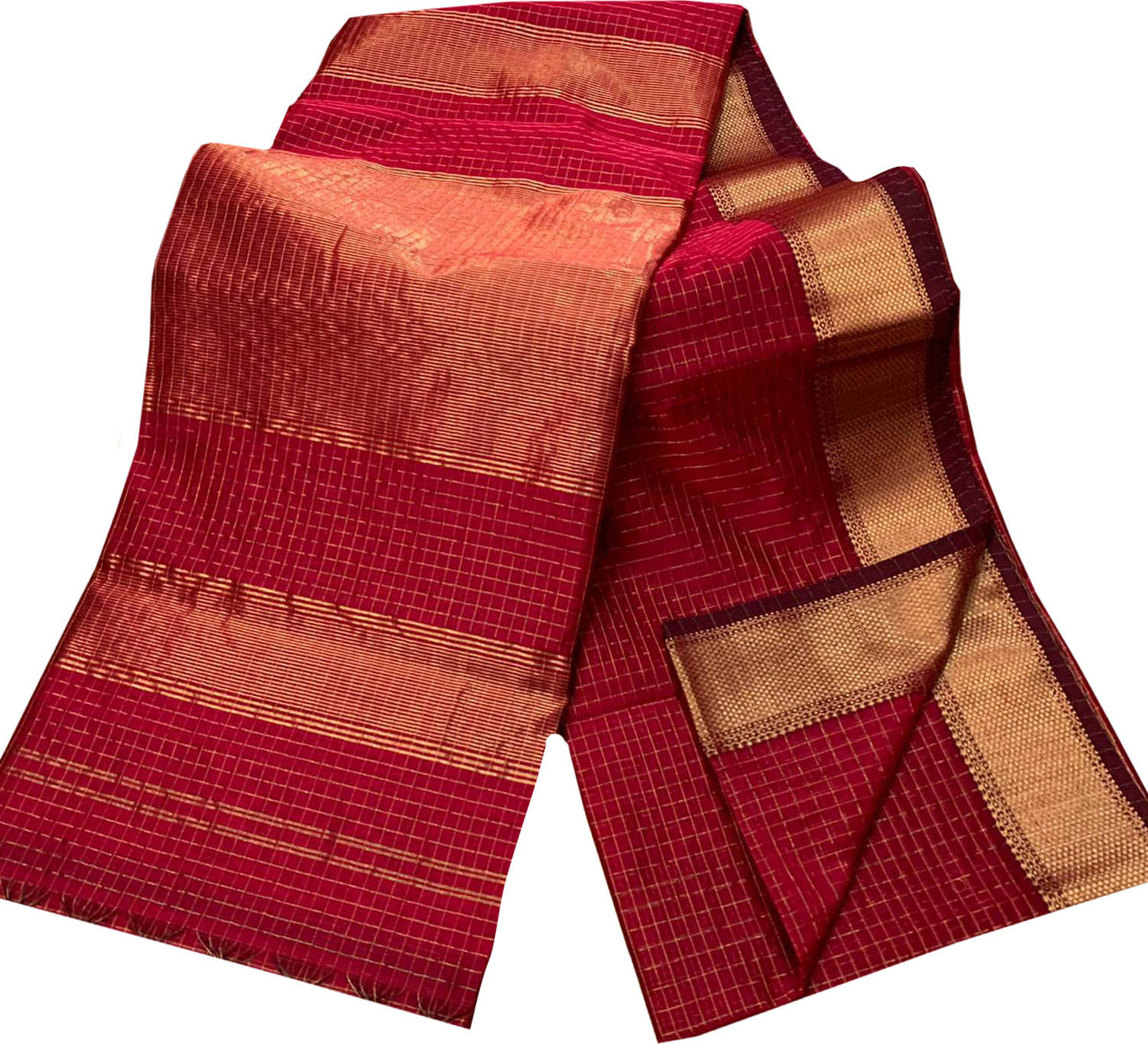 Stunning Red Maheshwari Handloom Checks Silk Saree - Luxurion World