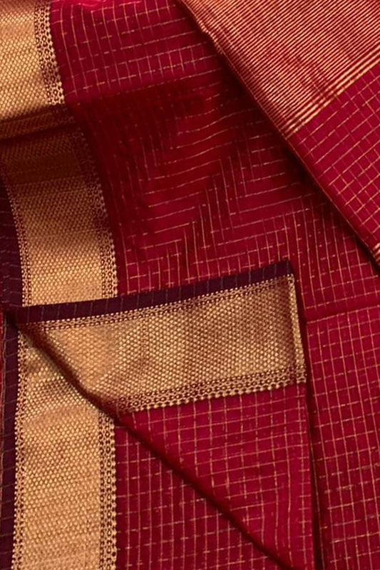 Stunning Red Maheshwari Handloom Checks Silk Saree - Luxurion World