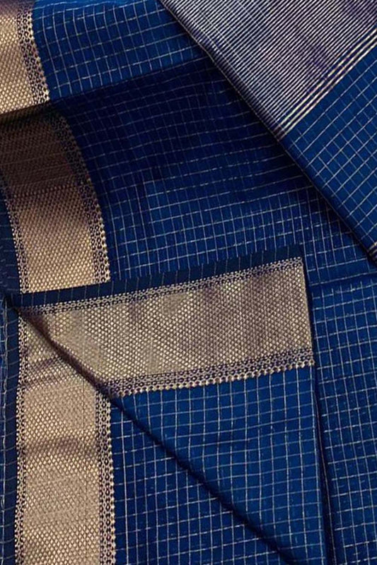Elegant Blue Checks Silk Saree: Maheshwari Handloom