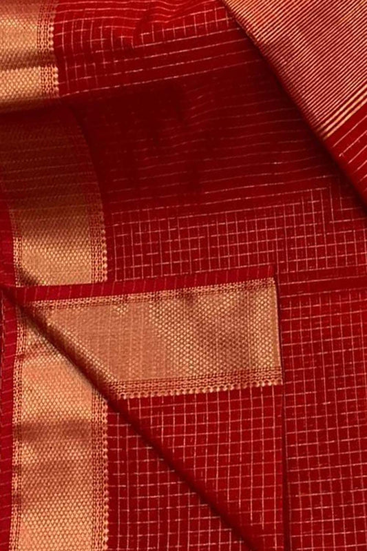 Stunning Red Checks Cotton Silk Saree - Handloom Maheshwari