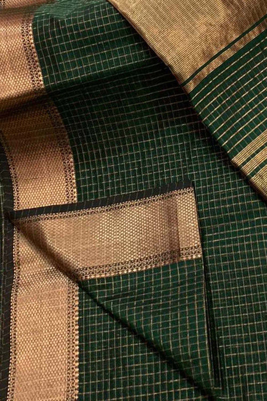 Elegant Green Checks Silk Saree - Handloom Maheshwari - Luxurion World