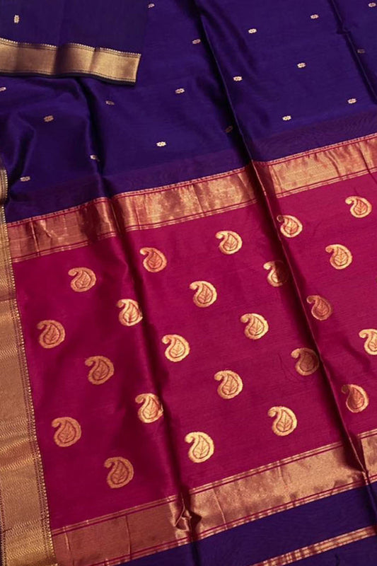 Blue And Pink Maheshwari Handloom Cotton Silk Saree - Luxurion World