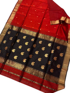 Elegant Red & Black Maheshwari Silk Saree - Luxurion World