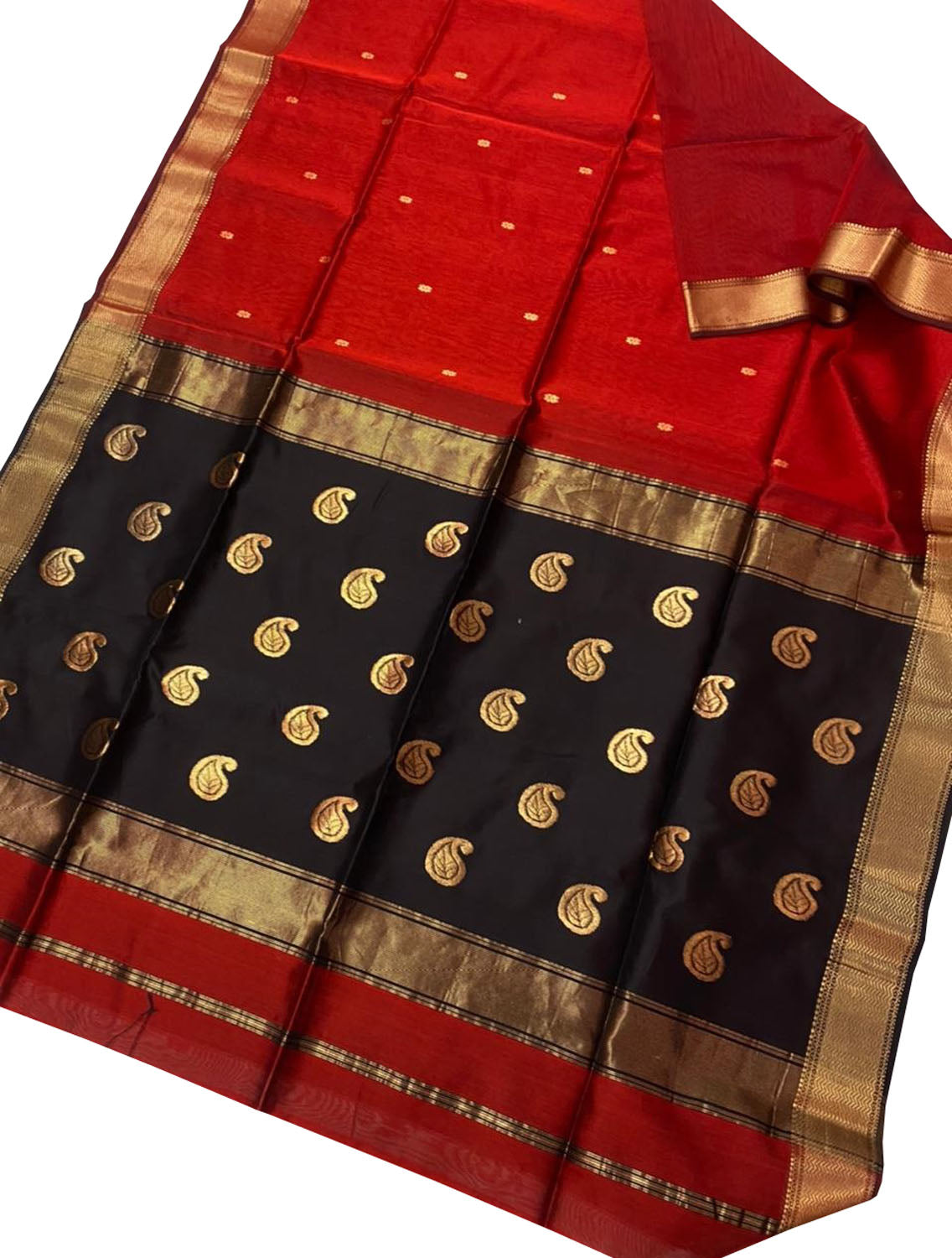 Elegant Red & Black Maheshwari Silk Saree - Luxurion World