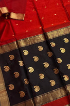 Elegant Red & Black Maheshwari Silk Saree - Luxurion World