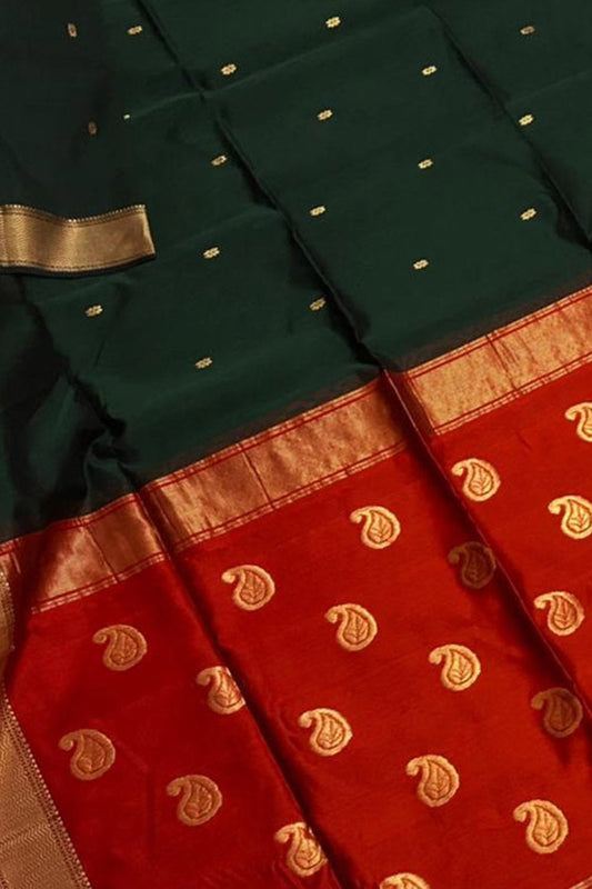 Green And Red Maheshwari Handloom Cotton Silk Saree - Luxurion World