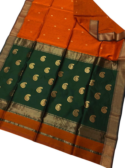 Vibrant Maheshwari Handloom Saree in Orange & Green - Luxurion World