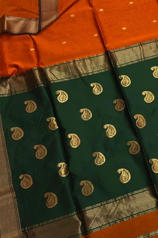 Orange And Green Maheshwari Handloom Cotton Silk Saree - Luxurion World